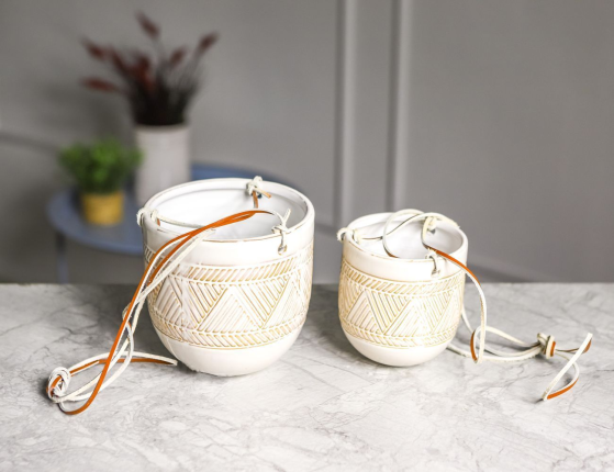 Набор декоративных кашпо ЗАНЗИБАР САНД, керамика, натуральная кожа, 10-14 см, 2 шт.