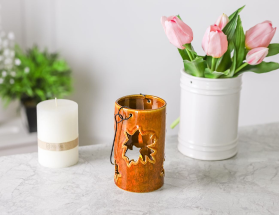 Подсвечник-фонарь ФАХРИ, керамика, оранжевый, 14 см