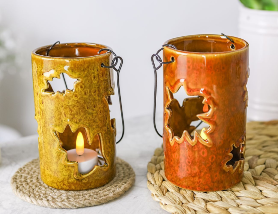 Подсвечник-фонарь ФАХРИ, керамика, оранжевый, 14 см