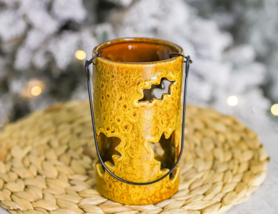 Подсвечник-фонарь ФАХРИ, керамика, охра, 14 см