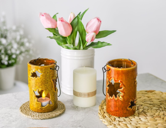 Подсвечник-фонарь ФАХРИ, керамика, охра, 14 см