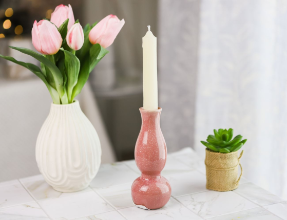 Керамическая ваза-подсвечник УИДДИ, пудрово-розовая, 15 см