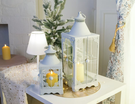 Набор подсвечников-фонарей ПАЙСЛИ, металл, стекло, светло-серый, 30 и 50 см, 2 шт.