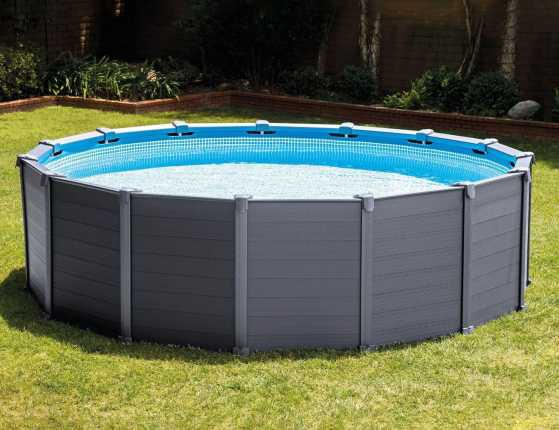 Бассейн каркасный Intex Graphite Gray Pannel Premium Frame Pool с отделкой под дерево, 478х124см + песочный фильтр-насос + аксессуары