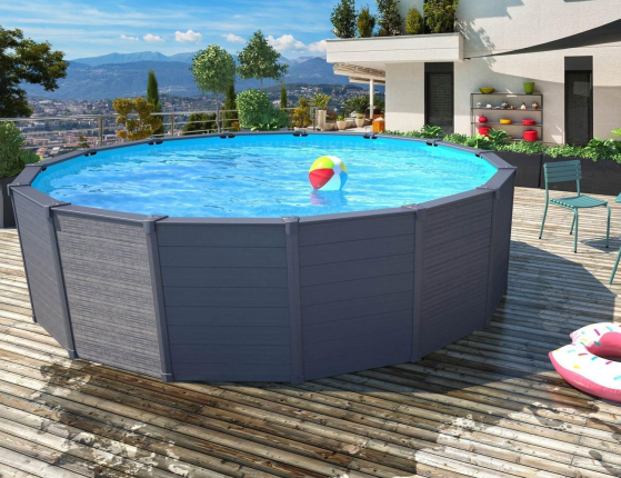 Бассейн каркасный Intex Graphite Gray Pannel Premium Frame Pool с отделкой под дерево, 478х124см + песочный фильтр-насос + аксессуары