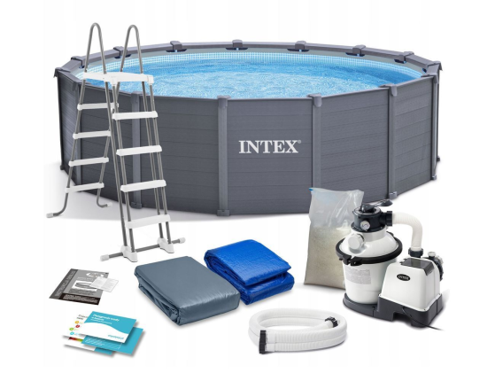 Бассейн каркасный Intex Graphite Gray Pannel Premium Frame Pool с отделкой под дерево, 478х124см + песочный фильтр-насос + аксессуары