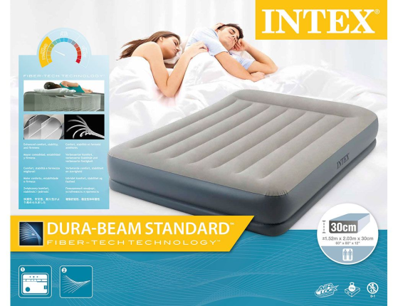 Надувная кровать Intex Pillow Rest Mid-Rise Bed (Queen), 152х203х30см, с подголовником и встроенным насосом 220V