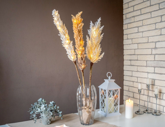 Светящаяся декоративная ветка КОРТАДЕРИЯ, кремовая, 12 тёплых белых микро LED-огней, 70 см, таймер, батарейки