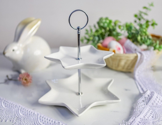 Подставка для пирожных и закусок ЗВЁЗДЫ двухъярусная, фарфор, белая, 21х22 см