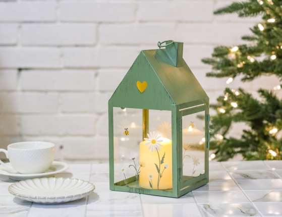 Декоративный подсвечник ДОМИК 'ЛЕТО В РОМАШКАХ', металл, зелёный, 27х14 см