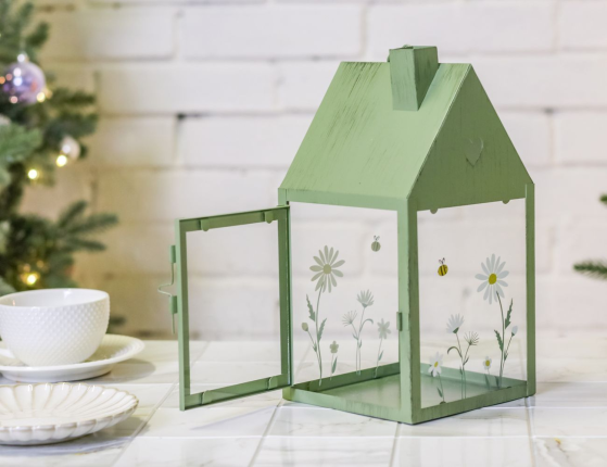 Декоративный подсвечник ДОМИК 'ЛЕТО В РОМАШКАХ', металл, зелёный, 27х14 см