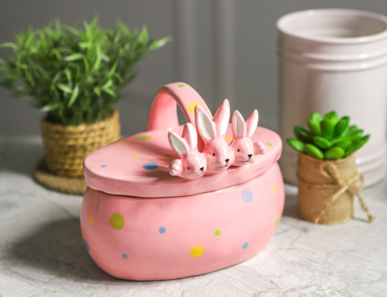 Конфетница с крышкой ТРИ УШАСТИКА, керамика, розовая, 17х15 см