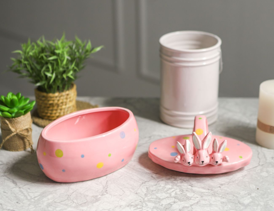 Конфетница с крышкой ТРИ УШАСТИКА, керамика, розовая, 17х15 см