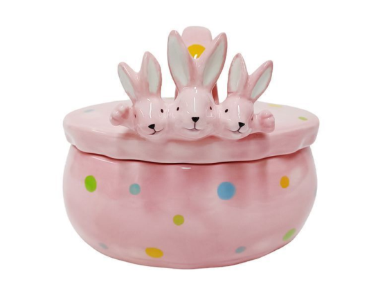 Конфетница с крышкой ТРИ УШАСТИКА, керамика, розовая, 17х15 см