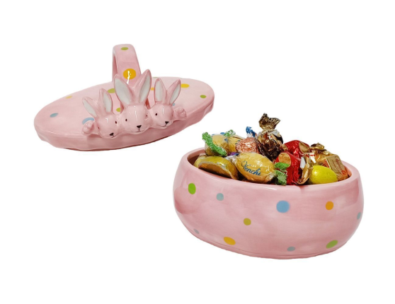 Конфетница с крышкой ТРИ УШАСТИКА, керамика, розовая, 17х15 см