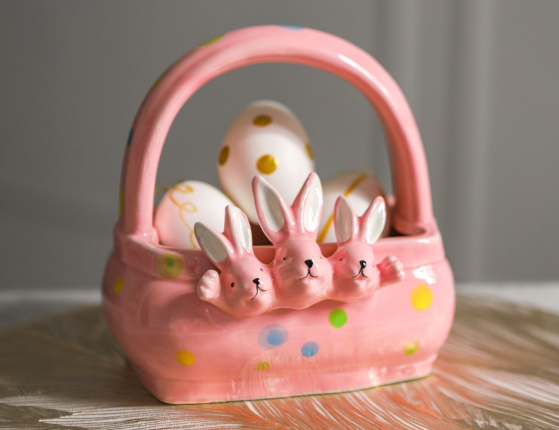 Конфетница-корзинка ТРИ УШАСТИКА, керамика, розовая, 15 см