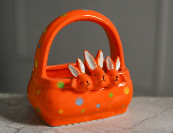 Конфетница-корзинка ТРИ УШАСТИКА, керамика, оранжевая, 15 см