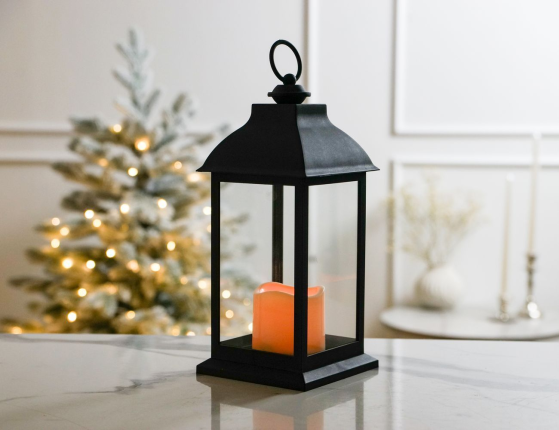 Винтажный фонарь ВИЛЛЕМ, чёрный, тёплый белый LED-огонь, 30 см, пластик, таймер, батарейки