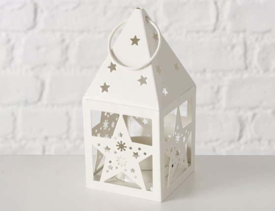 Декоративный подсвечник-фонарь ДОМИК СО ЗВЁЗДАМИ, металл, белый, 14 см