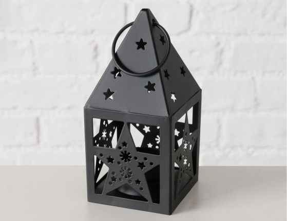 Декоративный подсвечник-фонарь ДОМИК СО ЗВЁЗДАМИ, металл, чёрный, 14 см