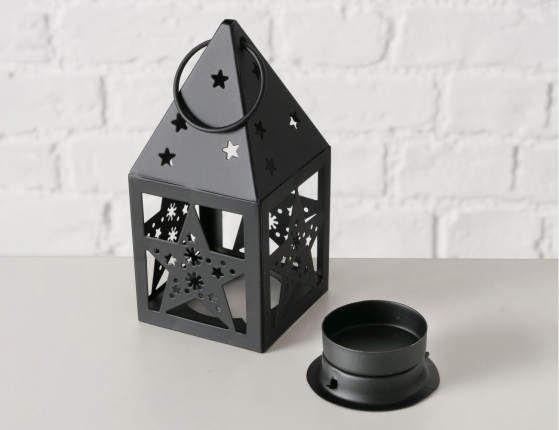 Декоративный подсвечник-фонарь ДОМИК СО ЗВЁЗДАМИ, металл, чёрный, 14 см