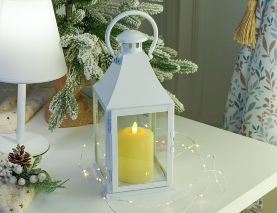 Подсвечник-фонарь КЕМПБЭЛ, металл, стекло, белый, 29 см