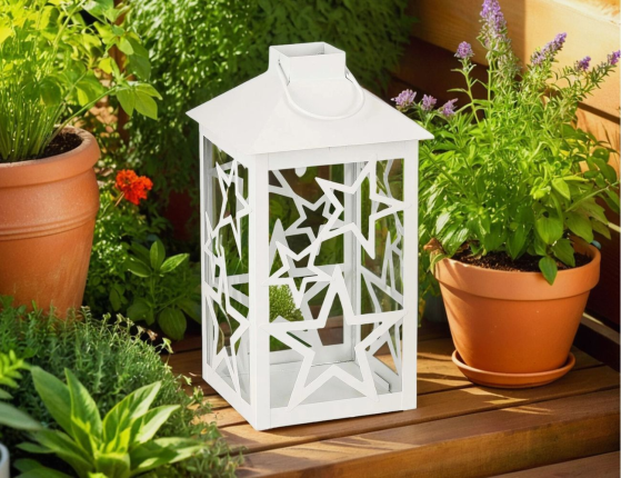 Декоративный подсвечник-фонарь СТАРФОЛ, металл, стекло, белый, 28 см