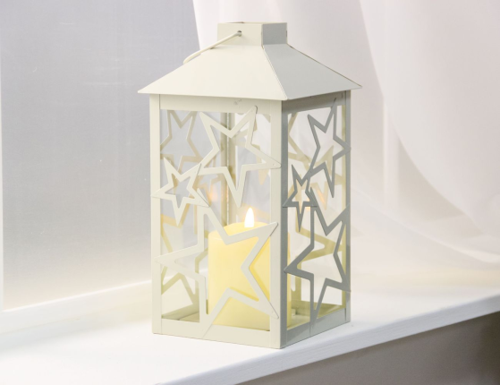 Декоративный подсвечник-фонарь СТАРФОЛ, металл, стекло, бежевый, 28 см