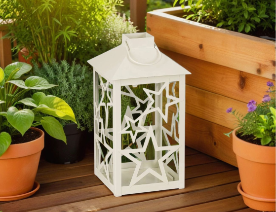 Декоративный подсвечник-фонарь СТАРФОЛ, металл, стекло, бежевый, 28 см