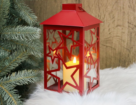 Декоративный подсвечник-фонарь СТАРФОЛ, металл, стекло, красный, 28 см