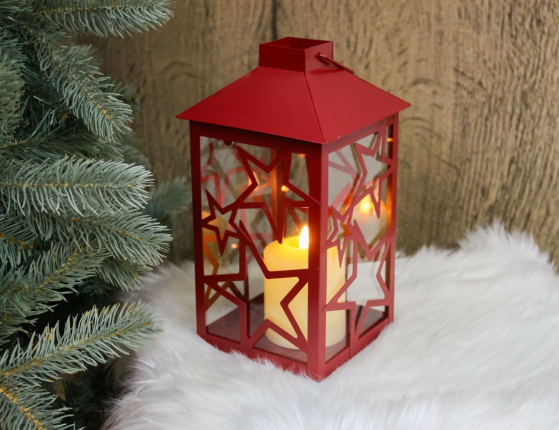 Декоративный подсвечник-фонарь СТАРФОЛ, металл, стекло, красный, 28 см