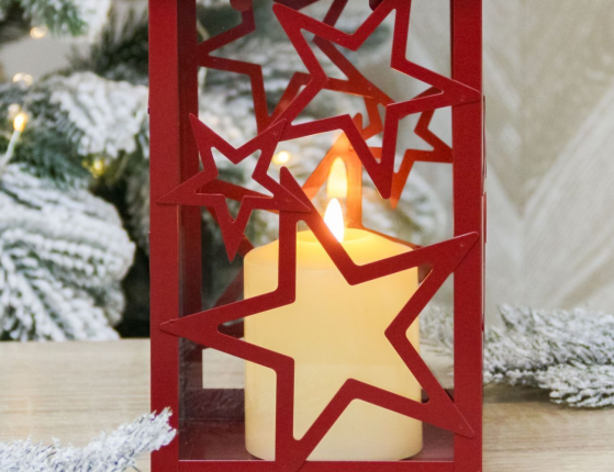 Декоративный подсвечник-фонарь СТАРФОЛ, металл, стекло, красный, 28 см