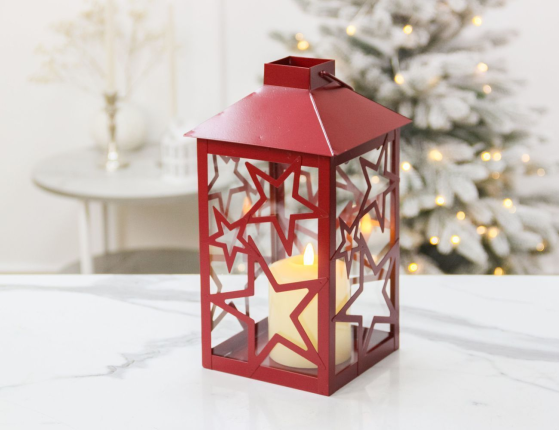 Декоративный подсвечник-фонарь СТАРФОЛ, металл, стекло, красный, 28 см