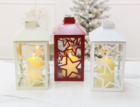 Декоративный подсвечник-фонарь СТАРФОЛ, металл, стекло, красный, 28 см