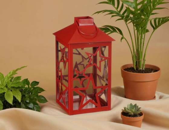 Декоративный подсвечник-фонарь СТАРФОЛ, металл, стекло, красный, 28 см