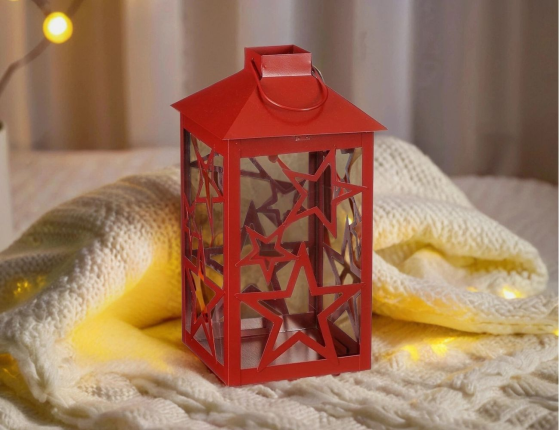 Декоративный подсвечник-фонарь СТАРФОЛ, металл, стекло, красный, 28 см