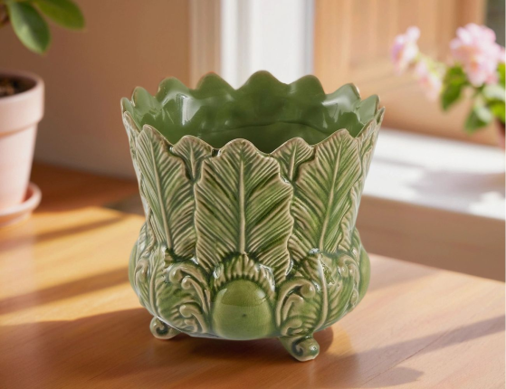 Декоративная ваза-кашпо ФОЛЬЯЖ, керамика, зелёная, 13 см