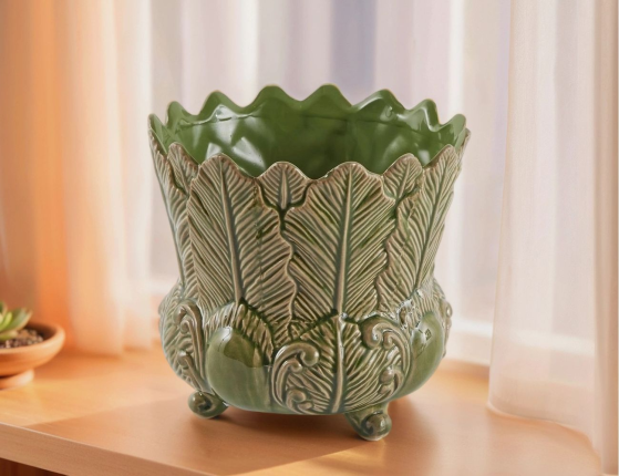 Декоративная ваза-кашпо ФОЛЬЯЖ, керамика, зелёная, 17 см