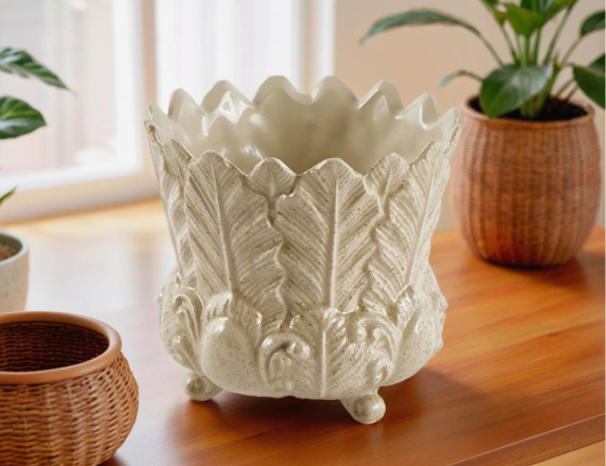 Декоративная ваза-кашпо ФОЛЬЯЖ, керамика, сливочная, 13 см