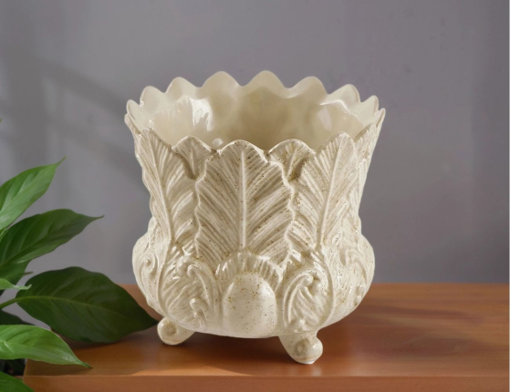 Декоративная ваза-кашпо ФОЛЬЯЖ, керамика, сливочная, 15 см