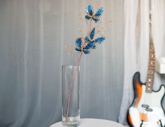 Декоративная ветка БАБОЧКИ БЛОУ, текстиль, пластик, синий с золотом, 56 см