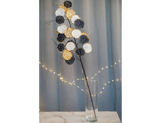 Декоративная ветка РАЗНОЦВЕТНЫЙ ЭВКАЛИПТ, текстиль, металл, черный, белый, золотой, 82 см