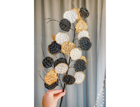Декоративная ветка РАЗНОЦВЕТНЫЙ ЭВКАЛИПТ, текстиль, металл, черный, белый, золотой, 82 см