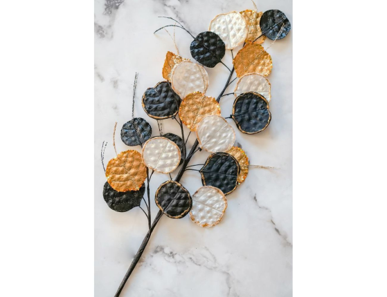 Декоративная ветка РАЗНОЦВЕТНЫЙ ЭВКАЛИПТ, текстиль, металл, черный, белый, золотой, 82 см