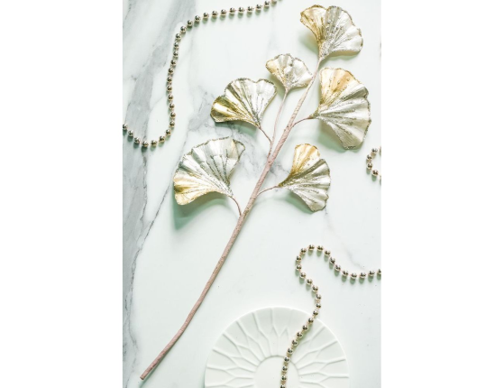 Декоративная ветка ВОЛШЕБНЫЙ ГИНКГО, белое золото, 48 см