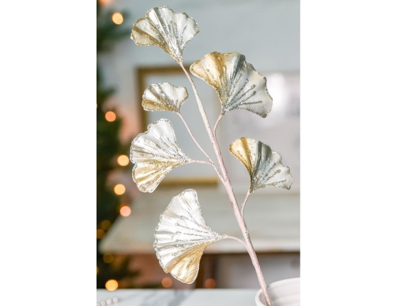 Декоративная ветка ВОЛШЕБНЫЙ ГИНКГО, белое золото, 48 см