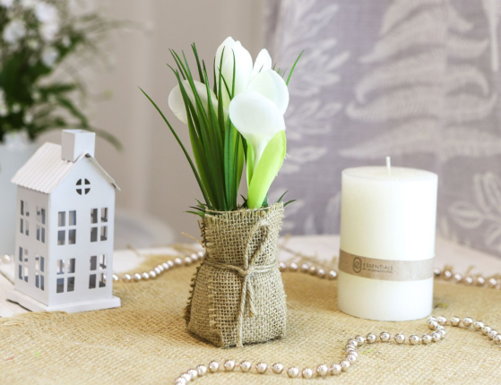 Искусственный цветок в горшке БЕЛЫЙ КРОКУС, пластик, пенополистирол, метал, джут, 19 см