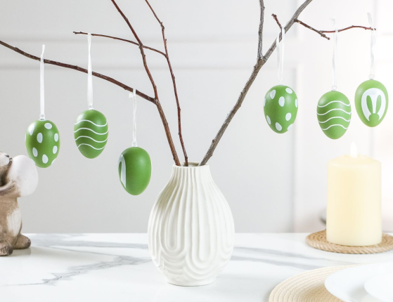 Декоративные подвесные украшения ПАСХАЛЬНОЕ НАСТРОЕНИЕ, натуральная скорлупа, зелёные, 6х4 см, 6 шт.