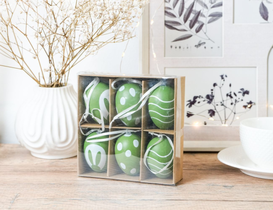 Декоративные подвесные украшения ПАСХАЛЬНОЕ НАСТРОЕНИЕ, натуральная скорлупа, зелёные, 6х4 см, 6 шт.