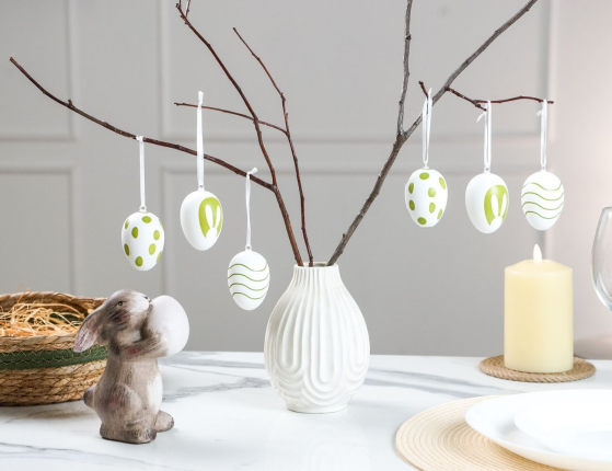 Декоративные подвесные украшения ПАСХАЛЬНОЕ НАСТРОЕНИЕ, натуральная скорлупа, белые, 6х4 см, 6 шт.